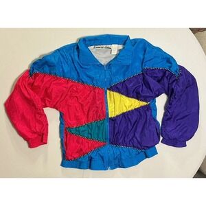Vtg 90s Streetwear Womens M Rainbow Color Block Lined Windbreaker Jacket